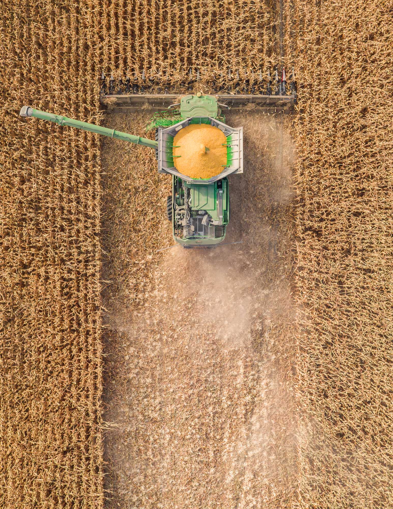 John Deere Combine during harvest from above